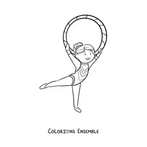 Image à colorier d'une fille pratiquant la gymnastique rythmique avec un cerceau