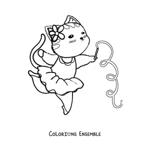 Image à colorier d'un chat animé faisant de la gymnastique rythmique