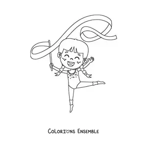 Image à colorier d'une fille kawaii faisant de la gymnastique rythmique