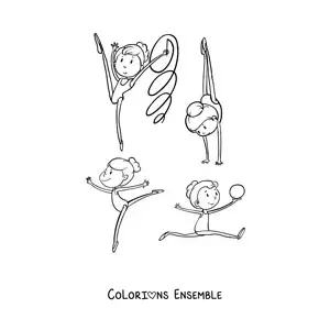 Image à colorier de plusieurs filles pratiquant la gymnastique artistique