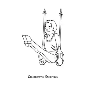 Image à colorier d'un athlète faisant de la gymnastique masculine aux anneaux