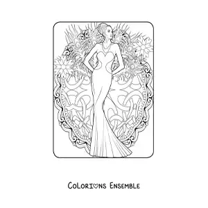 Image à colorier d'une femme portant une robe style sirène