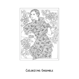 Image à colorier d'une femme portant une robe à la mode