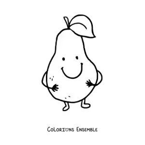 Coloriage d'une poire de dessin animé avec des mains et des pieds, toute souriante