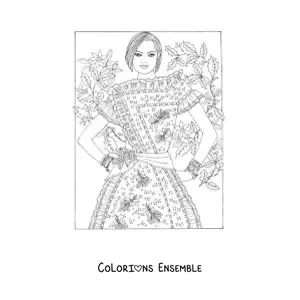 Image à colorier d'un mannequin portant une robe imprimée