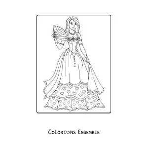 Image à colorier d'une princesse avec une robe et un éventail