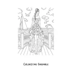 Image à colorier d'un mannequin portant une robe de fête