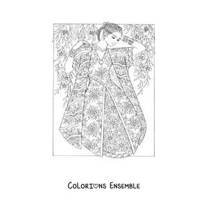 Image à colorier d'un mannequin portant une robe de style oriental