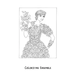 Image à colorier d'un mannequin portant une robe à fleurs