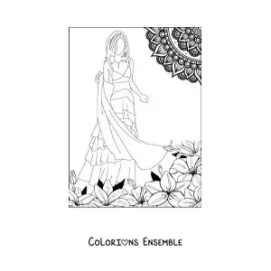 Image à colorier d'un mannequin portant une robe décontractée à la mode