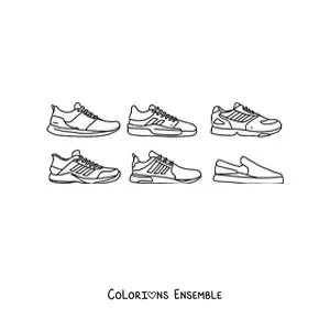Image à colorier de six chaussures de sport variées