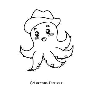Image à colorier d'une pieuvre rigolote coiffée d'un chapeau