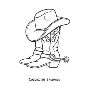 Image à colorier d'une paire de bottes et d'un chapeau de cow-boy