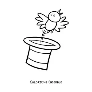 Image à colorier d'un oiseau qui s'envole en sortant du chapeau d'un magicien