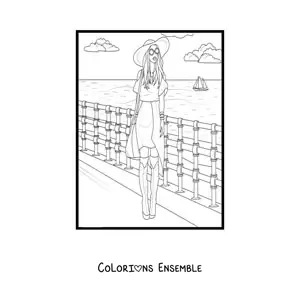Image à colorier d'une fille coiffée d'un chapeau d'été