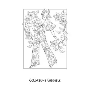 Image à colorier d'une fille portant un joli pantalon