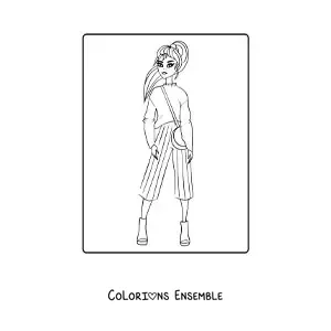 Image à colorier d'une fille portant un pantalon rayé