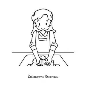 Image à colorier d'une femme qui fait la vaisselle avec des gants de ménage