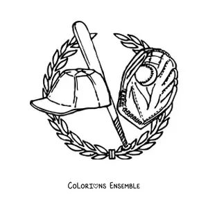 Image à colorier d'un gant, d'une batte et d'une casquette de baseball