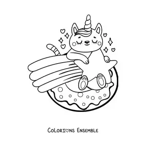 Image à colorier d'un chat licorne perché sur une étoile filante