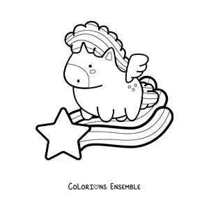 Image à colorier d'un Pégase kawaii volant sur une étoile filante