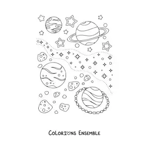 Image à colorier de plusieurs étoiles et planètes