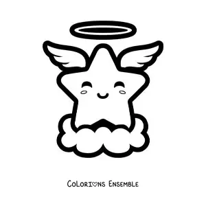 Image à colorier d'une étoile avec des ailes d'ange kawaii