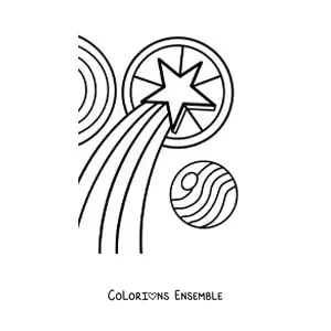 Image à colorier d'une étoile avec des guirlandes et un bonnet de Noël
