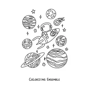 Image à colorier d'un astronaute et des planètes du système solaire