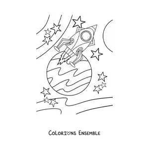 Image à colorier d'une fusée spatiale près d'une planète