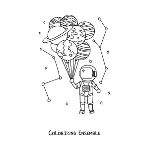 Image à colorier d'un astronaute tenant des ballons en forme de planètes