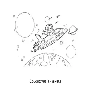 Image à colorier d'une fusée volant entre les planètes