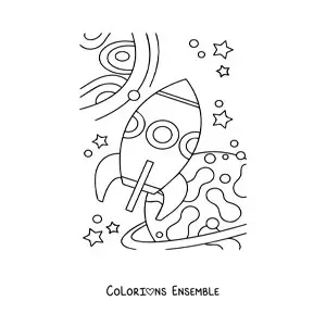 Image à colorier de plusieurs planètes et d'une fusée spatiale