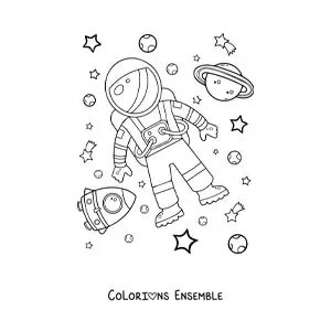 Image à colorier d'un astronaute dans l'espace avec des planètes et des étoiles