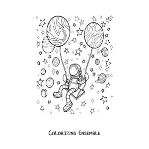 Image à colorier d'un astronaute flottant dans l'espace avec des ballons en forme de planètes