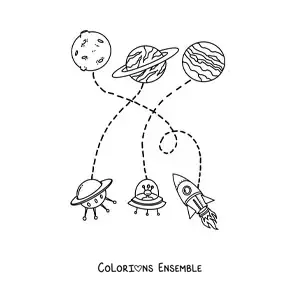 Image à colorier de trois planètes et de trois vaisseaux spatiaux