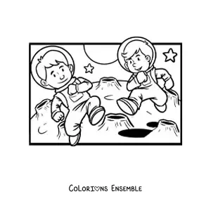 Image à colorier de deux astronautes sur la Lune
