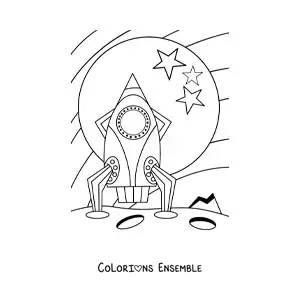 Image à colorier d'une fusée sur la Lune avec des étoiles