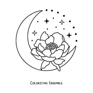 Image à colorier d'une jolie Lune avec une fleur