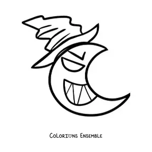 Image à colorier d'une Lune animée avec un chapeau de sorcière