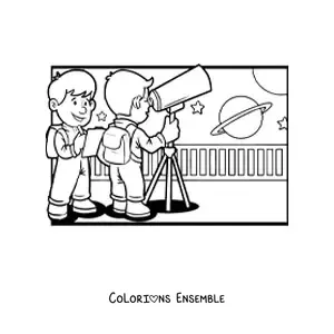 Image à colorier de deux enfants avec un télescope