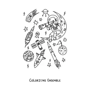 Image à colorier d'un astronaute avec un télescope dans l'espace