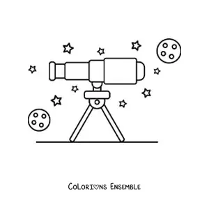 Image à colorier d'un télescope et d'étoiles dans le ciel