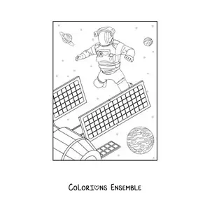 Image à colorier d'un astronaute et d'un satellite dans l'espace