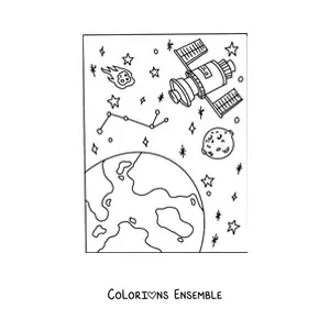 Image à colorier d'un satellite parmi plusieurs étoiles