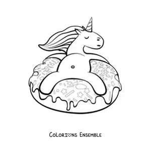 Image à colorier d’une licorne en dessin animé assise sur un donut
