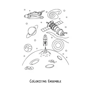 Image à colorier d'un satellite près de vaisseaux spatiaux