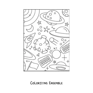 Image à colorier d'un satellite artificiel et de plusieurs corps célestes