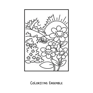 Image à colorier d'un paysage de printemps
