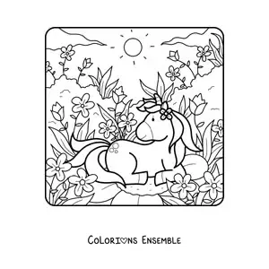 Image à colorier d'une licorne kawaii au printemps